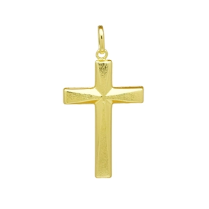 Close-up of golden cross pendant with brushed metal texture and ring fastener