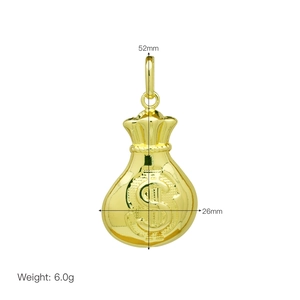 Detail view of 18K gold plated money bag pendant showing 52mm height and 26mm width measurements