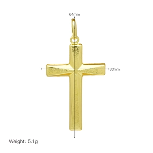 Detailed view of golden cross pendant with 64mm height, 33mm width, and matte texture