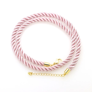 Detail of pink 6mm twisted polyester cord necklace with golden lobster clasp and chain