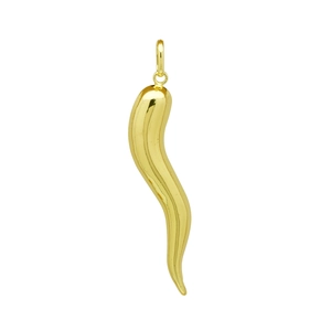 Close-up of golden Italian Horn Cornicello pendant with polished mirror finish