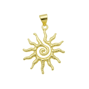18K gold plated sun pendant necklace featuring a central spiral and hammered texture