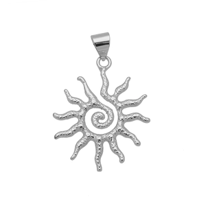 Detailed macro view of the 18K gold sun pendant with a hammered texture and spiral design