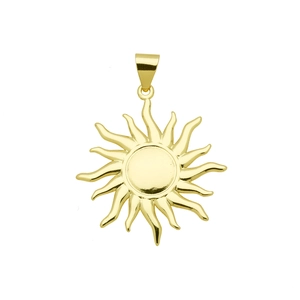 Detailed view of sunburst pendant in 18K gold plated copper with radiant sun ray design