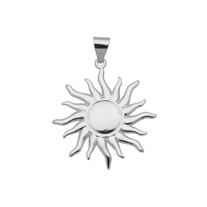 Detailed close-up of a sun-shaped pendant with polished silver finish and radiant rays