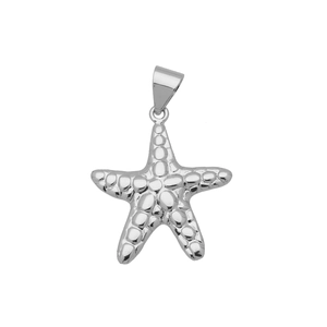 Detailed close-up of a silver starfish pendant with textured surface and polished clasp