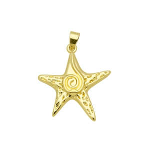 Detailed macro view of gold-plated starfish pendant with realistic spiral texture