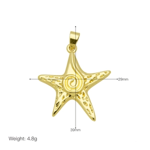 Detailed view of gold starfish pendant with spiral texture and 39mm length measurement