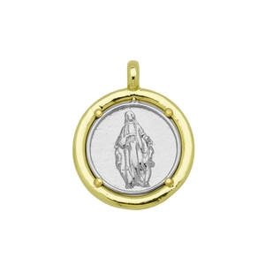 Détails du médaillon religieux bicolore avec relief de la Vierge Marie et cadre doré