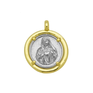 Détail d'un pendentif rond bicolore Vierge Marie en or et argent avec texture en relief