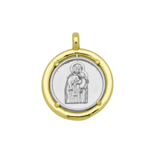 Vue détaillée du pendentif religieux bicolore avec gravure de la Vierge Marie