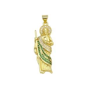 Saint Jude pendant necklace with gold plating and colorful green and white cubic zirconia