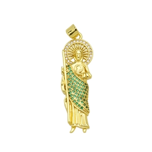 Detailed close-up of Saint Jude pendant with gold plating and green zircon inlay