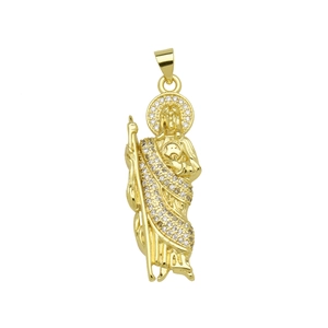 Macro shot of 18K gold plated St. Jude pendant with white zircon micro-inlay details
