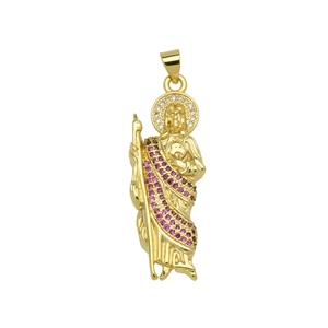 Detailed close-up of Saint Jude pendant with gold plating and pink zirconia stones