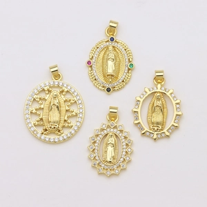 Colgantes de Virgen María bañados en oro con circonitas y gemas de colores, 4 estilos