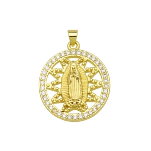 Detalle macro del colgante Virgen María bañado en oro de 18K con piedras de circón
