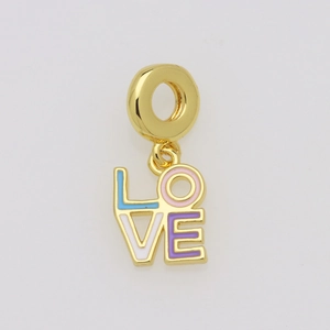 Close-up of golden LOVE charm with multi-color enamel inlay for snake chain bracelet