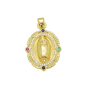 Colgante Virgen María de oro de 18K con circonitas y piedras preciosas de colores