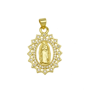 Detalle del colgante de la Virgen María en oro con circonitas y marco calado sol