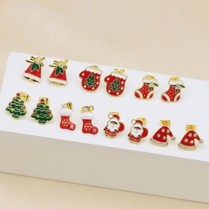 Christmas Enamel Earrings Set For Women Copper Rhinestone Santa Bell Tree Stocking Hat Glove Stud Earrings Holiday Jewelry Gift