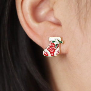 Christmas stocking stud earrings with red and white enamel for a festive holiday look