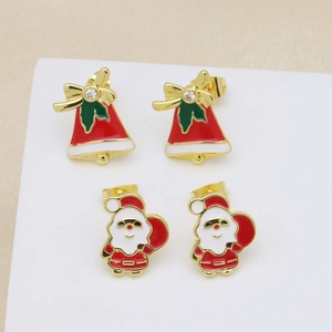 Christmas stud earring set featuring enamel bells and Santa Claus icons for holiday style