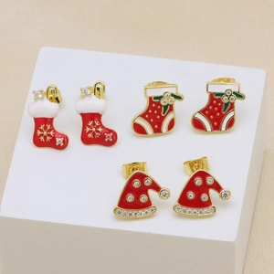 Christmas earrings set with festive red socks, boots and hats in gold alloy and crystals
