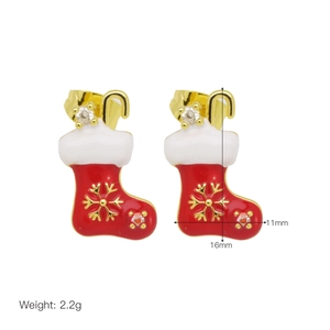 Detail showing 16mm x 11mm red Christmas stocking earrings with golden snowflake and zircon