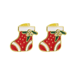 Macro detail of Christmas stocking stud earrings with red enamel and sparkling rhinestones