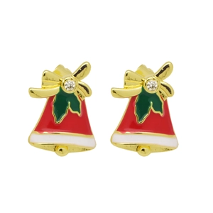 Detailed close-up of festive Christmas bell earrings with red enamel and gold bow