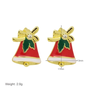 Detail view of 13x17mm Christmas bell earrings with red and green enamel and small crystal