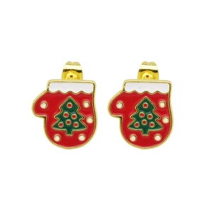 Macro view of gold-tone Christmas red mitten stud earrings with green tree design