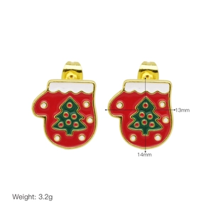 Detailed close-up of red Christmas glove stud earrings with dimensions 13mm by 14mm