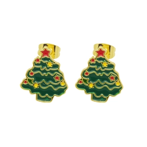 Detail showing green enamel Christmas tree stud earrings with gold plating and stars