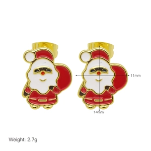 Macro view of Santa Claus enamel earrings showing 11x11mm dimensions and 2.7g weight