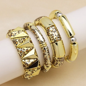 Bracelet Jonc Élastique en Cuivre Imprimé Léopard Vintage Plaqué Or Géométrique Tube de Bambou Bijoux de Mode Femme