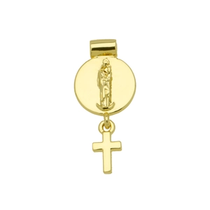 Gros plan d'une médaille sainte plaquée or avec pendentif croix religieuse et détails fins