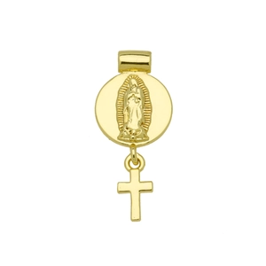 Détail du pendentif cœur doré avec la Vierge de Guadalupe et une petite croix pendante