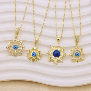Set of four 18K gold plated evil eye necklaces with blue crystals and sparkling zircons