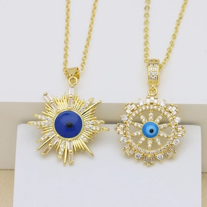 18K gold plated evil eye pendant necklace set with blue enamel and white zircon stones