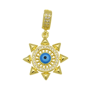 Evil Eye pendant in 18K gold plated copper with radiant sun design and blue zircons