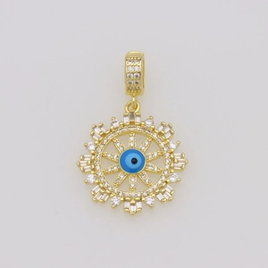 Detailed close-up of 18K gold plated evil eye pendant with sparkling cubic zirconia stones