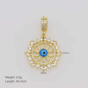 Detail view of 18K gold plated evil eye pendant with dimensions 23mm by 36mm and zircon inlay
