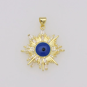 Macro detail of 18K gold-plated Evil Eye sunburst pendant with sparkling zircon stones
