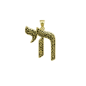 Detailed view of a gold Chai pendant with a modern geometric hollow lattice design