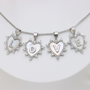 Micro-pave heart shell LOVE letter pendants with silver link chain for women