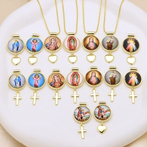 Collier Pendentif Rond Portrait Religieux Vintage Cuivre Plaqué Or Breloque Croix Cœur Bijoux Marie Jésus Michel