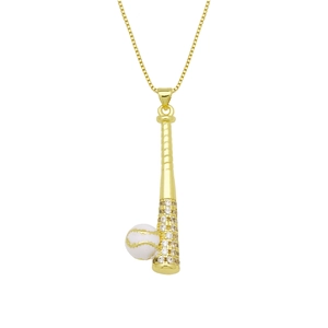 18K vergoldete Baseball- und Schlägerkette mit Zirkonia-Akzenten an einer Box-Kette