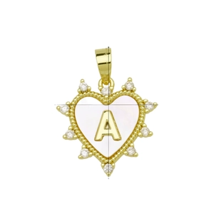Golden heart pendant with shell backing and micro-paved crystal letter A charm